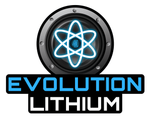 Logo featuring a circular speaker with a glowing atomic symbol and the letters EL in the center. Below, the text EVOLUTION LITHIUM appears in blue and white against a black background, reflecting innovation in lithium-ion technology for car audio batteries.