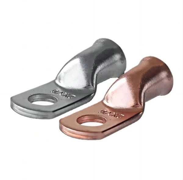 The Copper Cable Lugs have a shiny metallic finish, one in silver and the other copper-colored, each featuring a hole for cable attachment. They are positioned diagonally, highlighting their curved design.