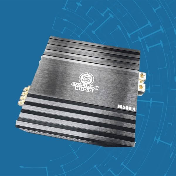 Evolution Audio EA500.4 car amplifier on blue background
