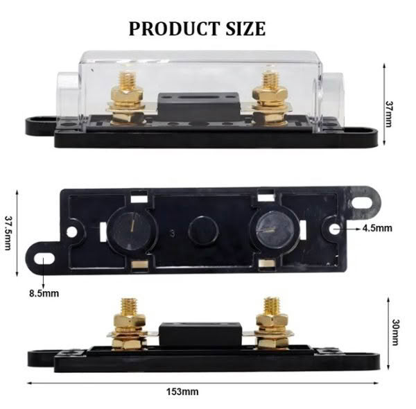 Image of the ANL / CNL Fuse Holder with detailed dimensions. Top and bottom views highlight a clear plastic cover and gold terminals on a black base, measuring 153mm long, 37mm wide, and 30mm tall. Multiple views illustrate terminal size and placement.