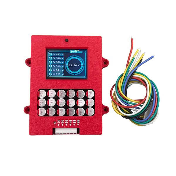The Heltec 5.5a 6s Balancer and display is a red electronic device with a small screen showing voltage readings and several buttons below, accompanied by a multicolored wire bundle.