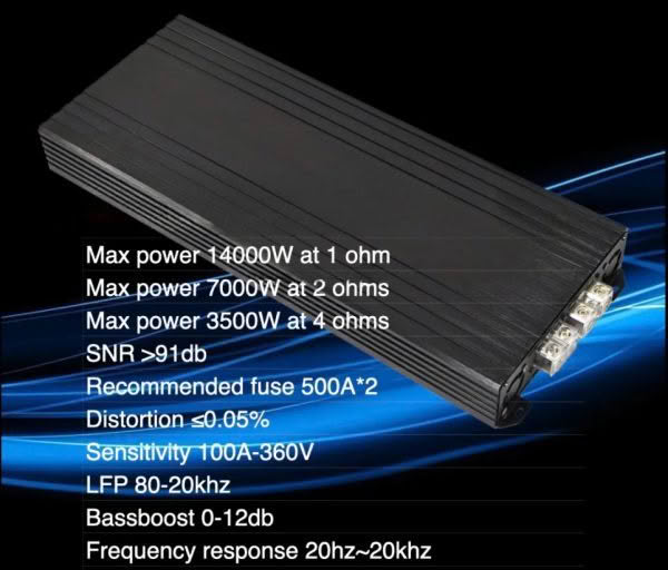 High power amplifier specifications on black and blue background.