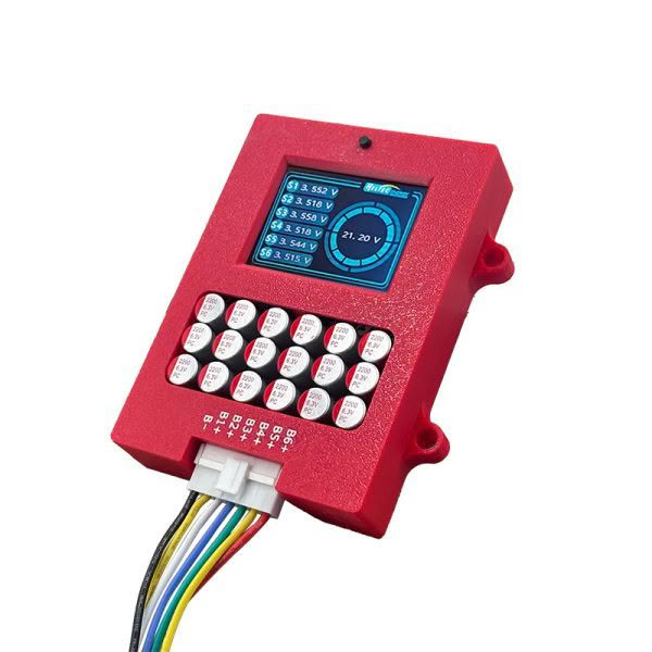 The Heltec 5.5a 6s Balancer and Display is a red electronic device with a screen for voltage readings, multiple buttons below, and multicolored wires attached to the bottom.