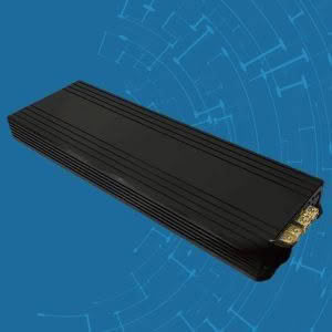Black amplifier on blue circuit background