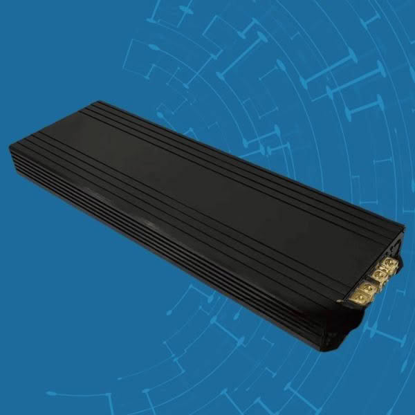 Black amplifier on blue circuit background