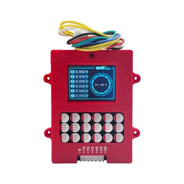 The Heltec 5.5a 6s Balancer and display is a red device featuring a small screen for voltage readings, a power level indicator, wires at the top, and bottom connection ports labeled B1-B8.