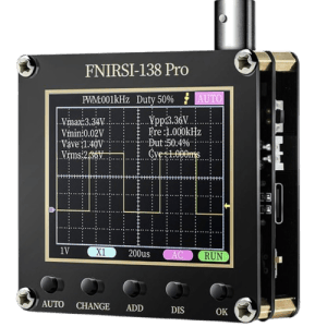 A compact FNISRI Handheld Oscilloscope shows a waveform with voltage and frequency measurements, featuring buttons like AUTO, CHANGE, ADD, DIS, OK, and settings for X1, 1V, and AC on its interface.