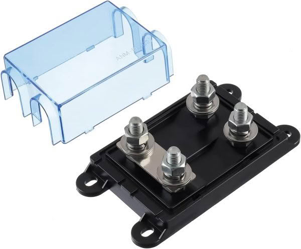 The ANL / CNL Fuse Holder is a black power distribution block with four metal posts, a metal connector plate, and comes with a detached transparent blue plastic cover above it.