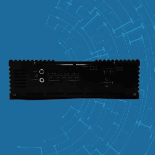 Black audio amplifier on blue circuit background.