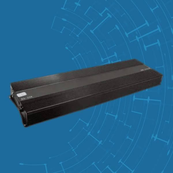 Black electronic amplifier on blue circuit background