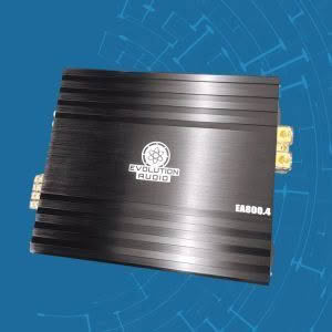 Evolution Audio EA800.4 amplifier on blue background.