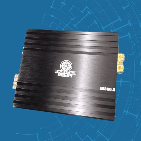 Evolution Audio EA800.4 amplifier on blue background.
