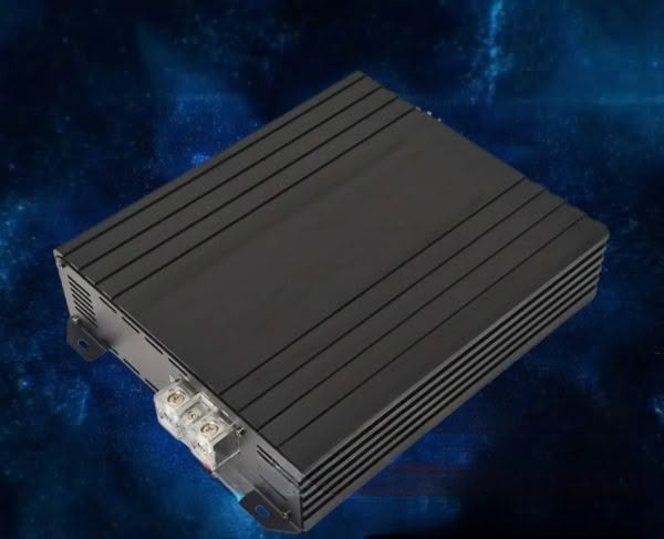 Black electronic device with metallic connectors.