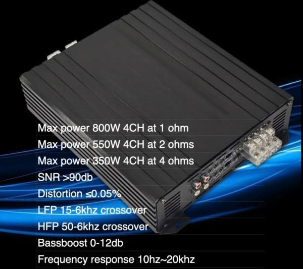 Car audio amplifier with specifications listed.
