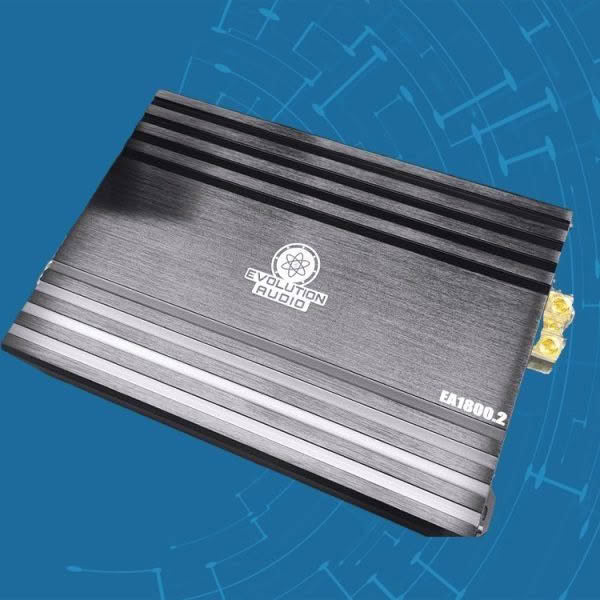 Evolution Audio car amplifier on blue background.