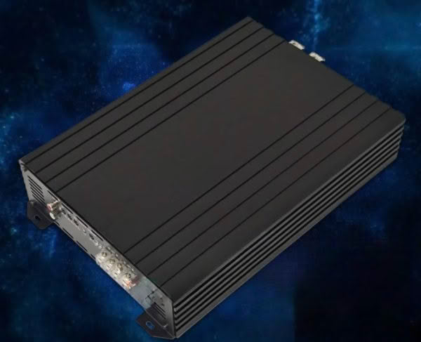 Black audio amplifier on a blue background.