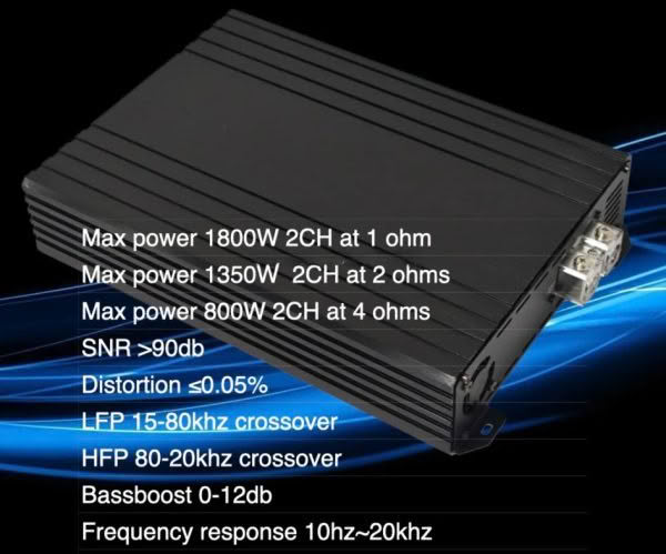 Car amplifier specifications and features overview.