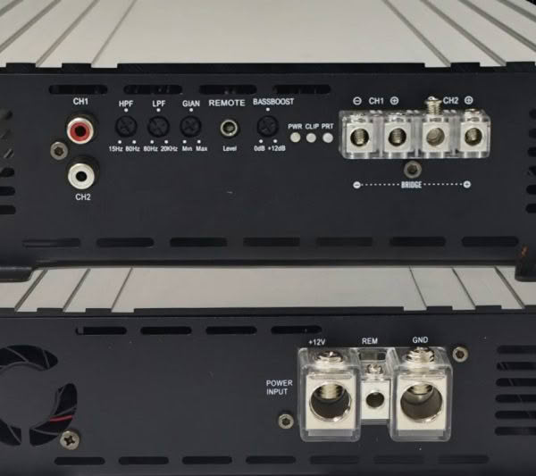 Close-up of car audio amplifier connections