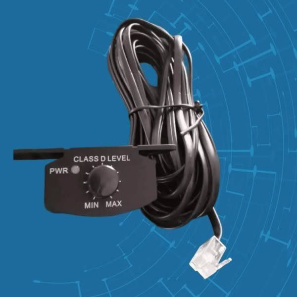 Class D amplifier cable with level control knob.