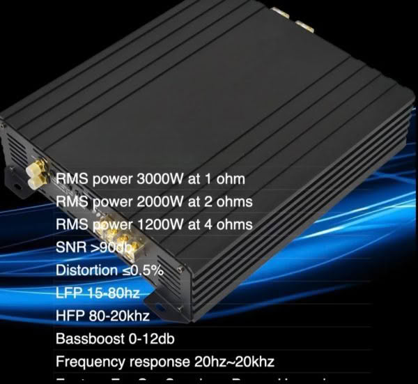 Car amplifier specs: 3000W, 1 ohm, SNR >90dB