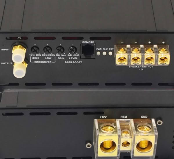 Close-up of amplifier input and output terminals.
