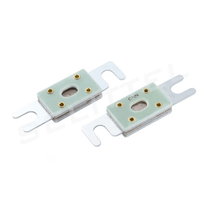 Two CNL Fibre Glass Fuses in green and silver, equipped with mounting brackets and gold connectors. Rectangular with a central hole, they seem intended for industrial or automotive use.