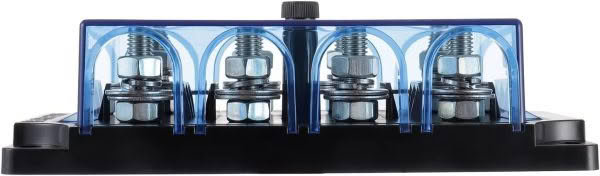 A close-up of the ANL / CNL Fuse Holder shows four metal terminals topped with nuts and washers, all encased in transparent blue plastic. The base is black with a visible black knob at the top.