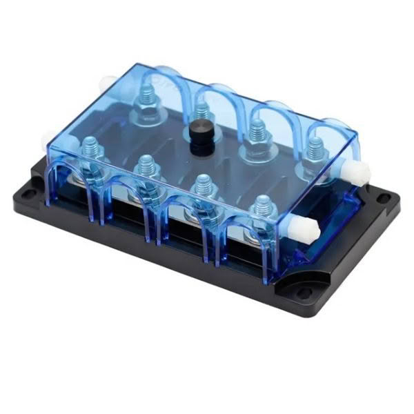 The ANL / CNL Fuse Holder is a blue plastic-covered electrical distribution block, featuring six metal terminals on a black rectangular base, with clear protective covers and white side fasteners.