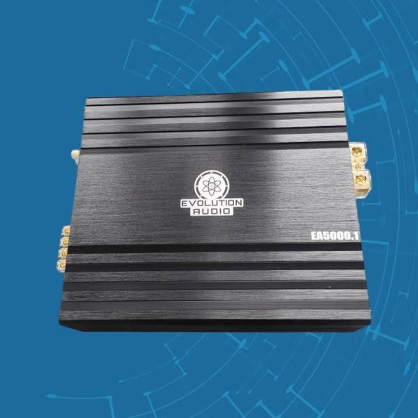 Evolution Audio EA5000.1 car amplifier on blue background