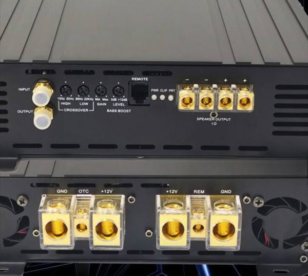 Car audio amplifier with multiple input and output options.