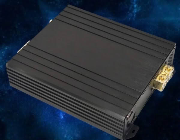 Black electronic device with connectors on space background.