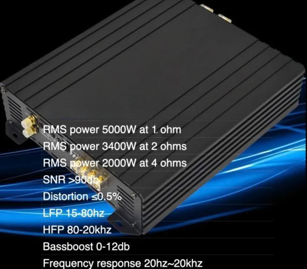 5000W car amplifier specifications and features.