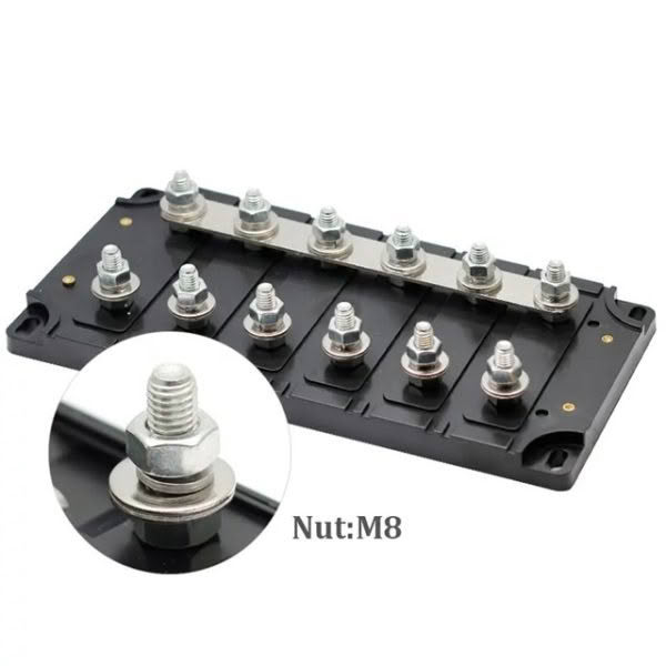 Close-up of a black ANL / CNL Fuse Holder featuring multiple silver nuts and bolts, labeled Nut:M8, with focus on the central row of four fasteners. One fastener is enlarged in a circular inset to the left.