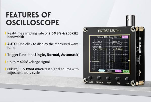 The FNISRI Handheld Oscilloscope offers a 2.5MS/s real-time sampling rate, 200kHz bandwidth, auto waveform display, multiple trigger options, supports up to ±400V voltage signals, and includes an 80kHz/5.0V PWM wave test signal source.