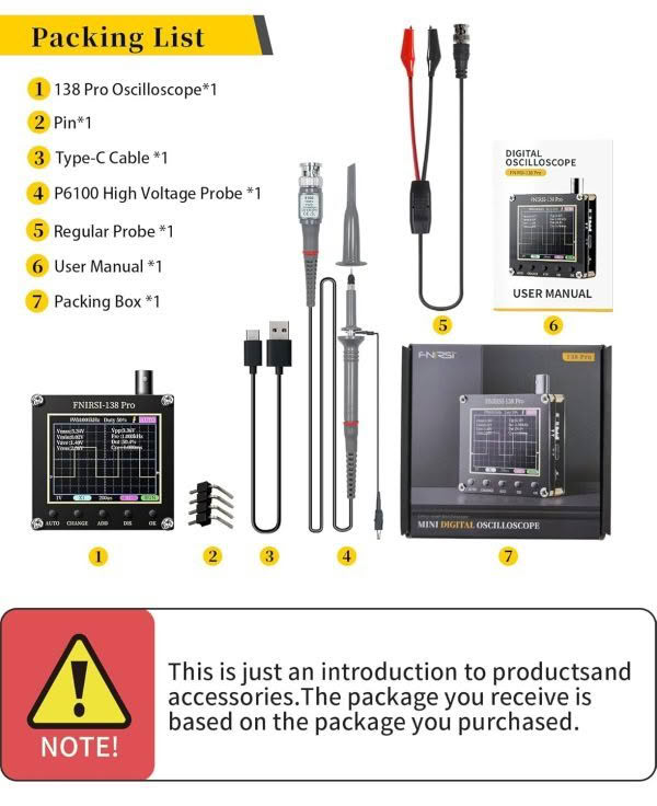 Image of a packing list for a FNISRI Handheld Oscilloscope set. Includes the oscilloscope, probes, pin headers, Type-C cable, user manual, and packaging box. A caution note mentions variations in packages based on purchase.