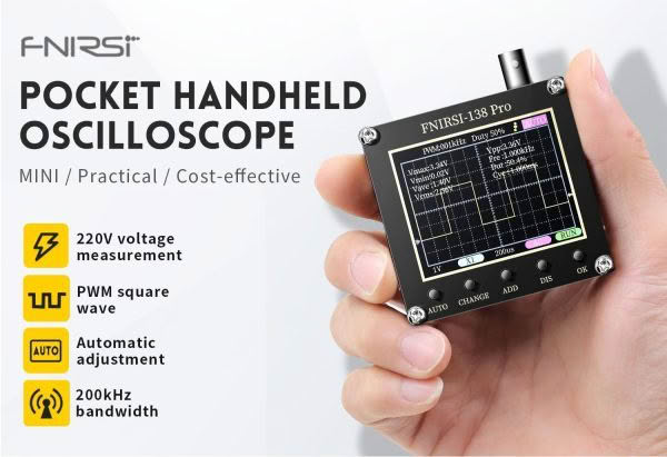 Holding an FNISRI Handheld Oscilloscope showing a waveform, the features include 220V voltage measurement, PWM square wave, Automatic adjustment, and 200kHz bandwidth. Its described as Mini, Practical, Cost-effective.