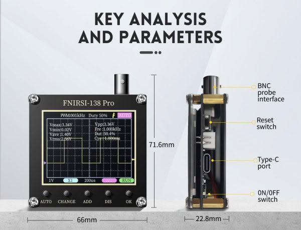 Image of the FNISRI Handheld Oscilloscope showing front and side views. Features include a BNC probe interface, reset switch, Type-C port, and ON/OFF switch. Dimensions are 71.6mm (H) x 66mm (W) x 22.8mm (D).