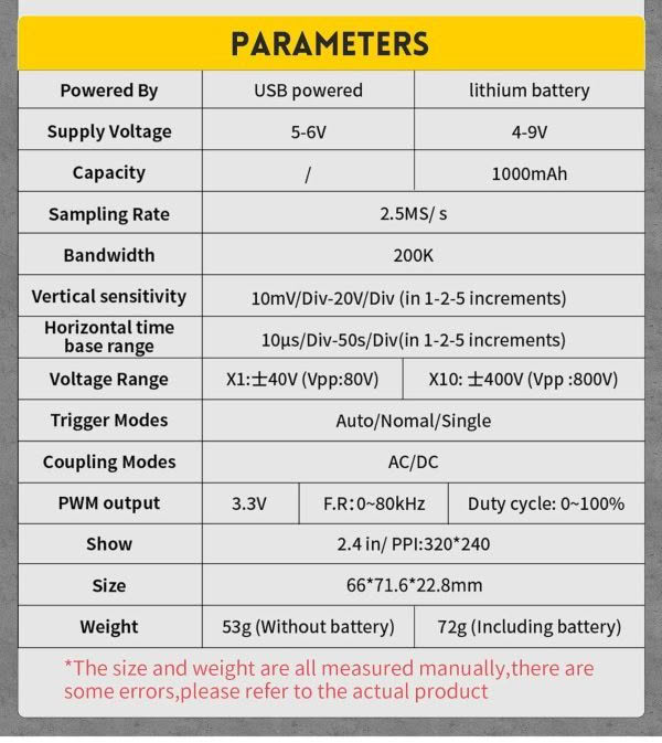 The table details the FNISRI Handheld Oscilloscopes specs: power type, supply voltage, current, sampling rate, vertical sensitivity, time base, trigger modes, coupling modes, PWM output, display size, weight; note potential manual measurement errors.