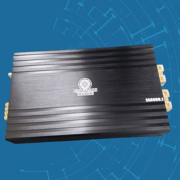 Evolution Audio black amplifier with logo and ports.