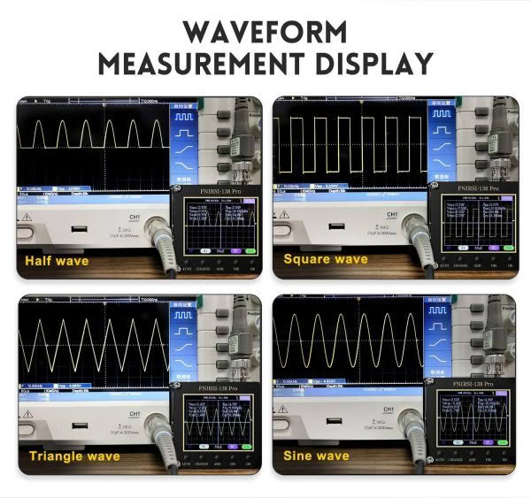 The FNISRI Handheld Oscilloscope displays Half wave, Square wave, Triangle wave, and Sine wave types on screens, each grid showcasing their unique shapes.