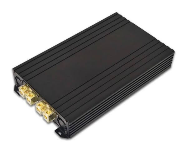 Black car audio amplifier with gold connectors