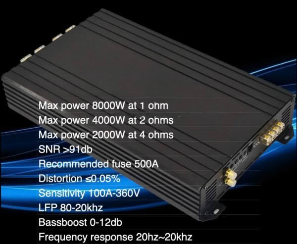 High-power audio amplifier specs and features.