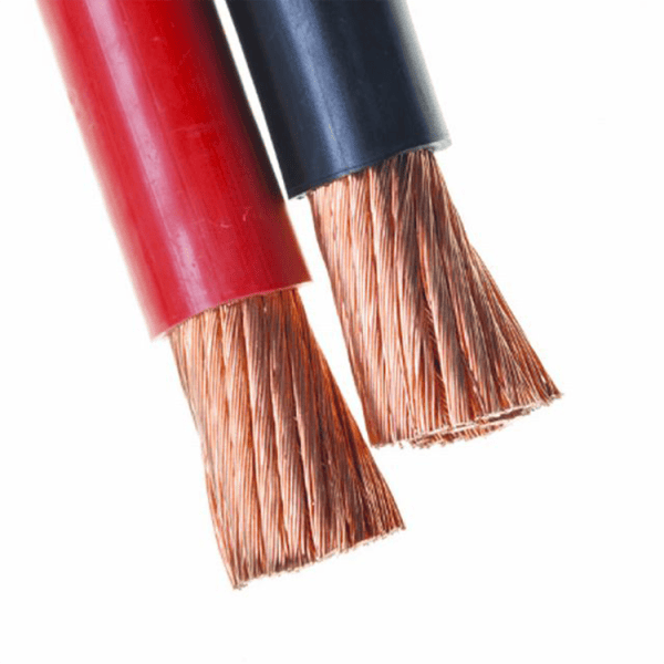 Red and black electrical wires with copper strands.