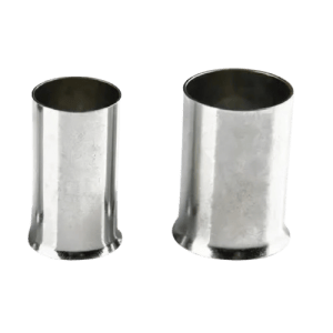 Two upright, open-top Ferrules with metallic finishes; the left is a shorter, narrower cylinder and the right is taller and wider. Both have slightly flared bases and a smooth, shiny surface.