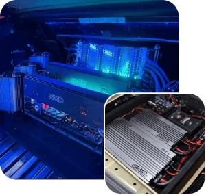 Car audio amplifiers with blue LED lights