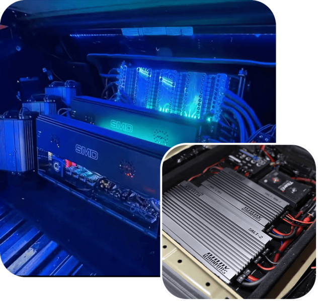 Car audio amplifiers with blue LED lights