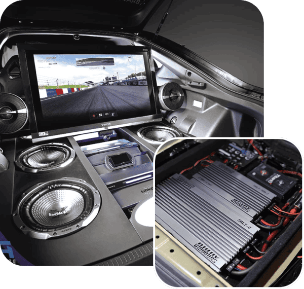 Car audio system with screen and amplifiers