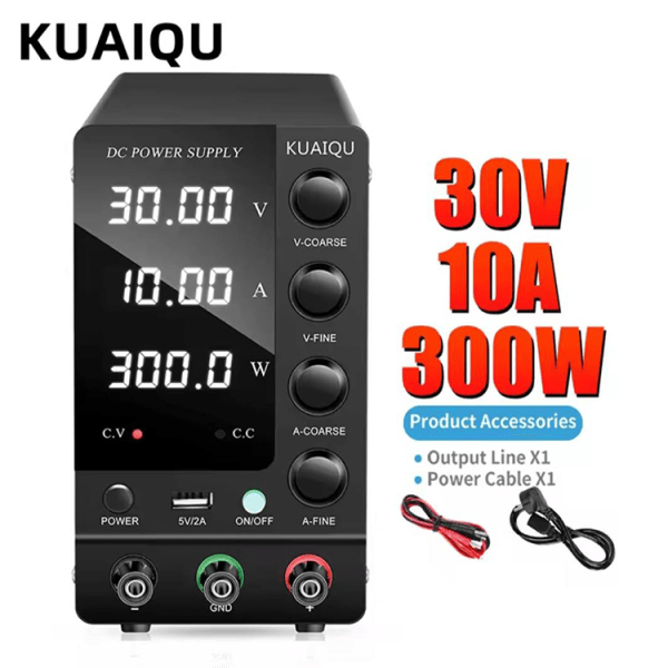 A black 30V 10A 300W Adjustable Power Supply with digital displays showing 30.00V, 10.00A, and 300.0W features control knobs and includes an output line and power cable as accessories, with 30V 10A 300W text on the right.