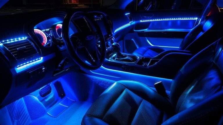 Car interior with blue ambient lighting