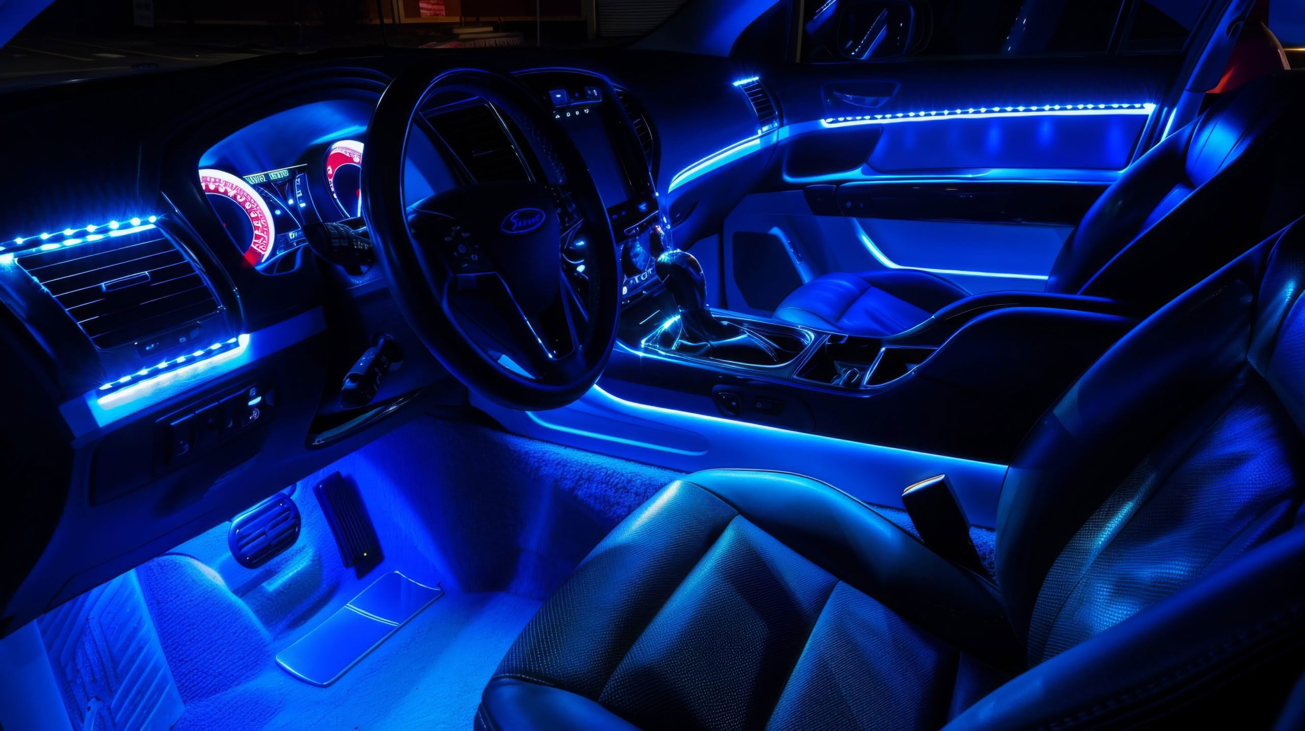 Car interior with blue ambient lighting
